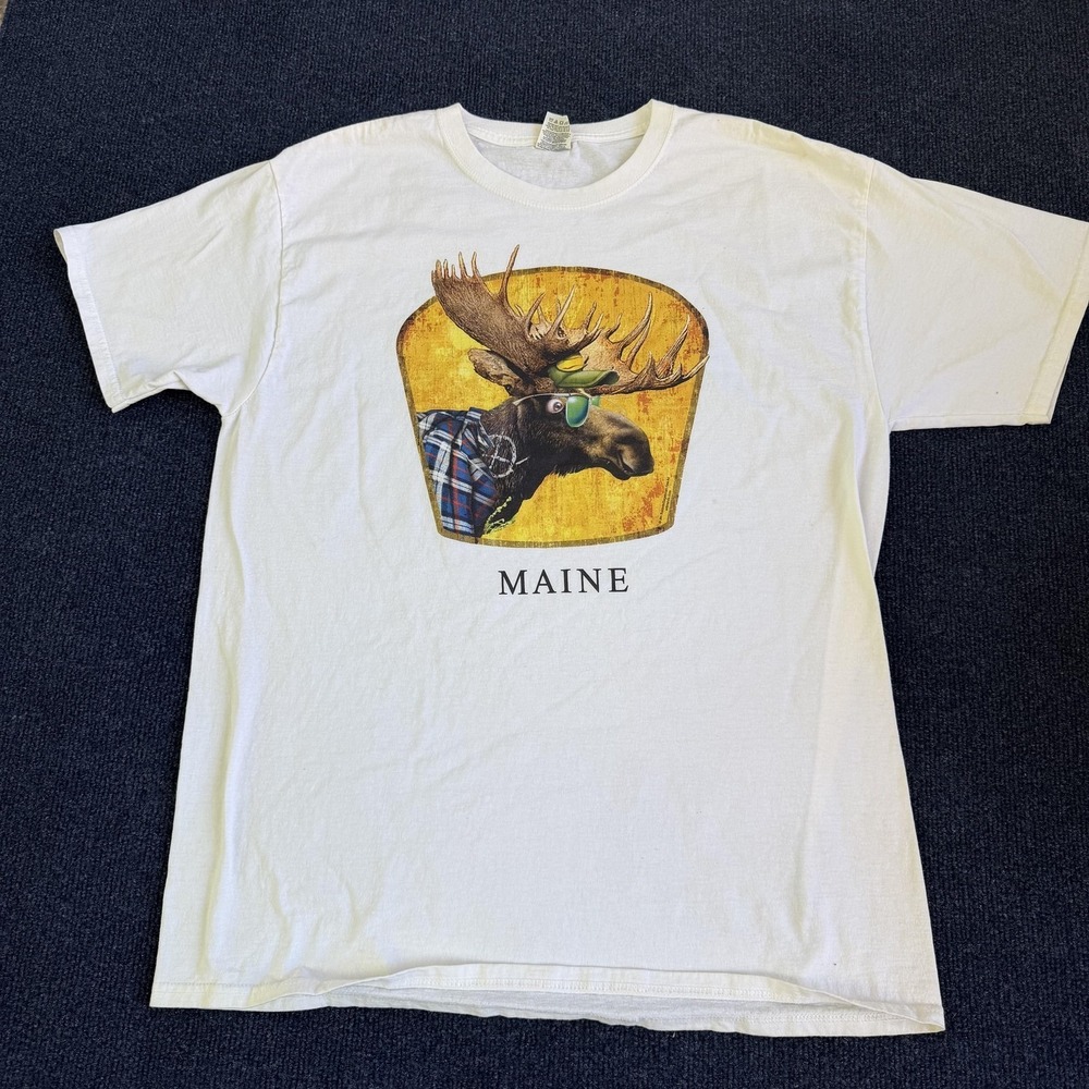 Vintage Maine Moose Shirt Mens Large White Fruit Of The Loom Novelty Tee T-Shirt